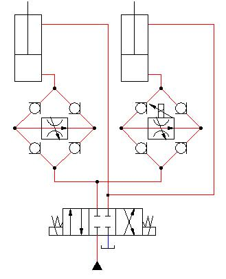 Fig. 2 Hydraulic cylinder bi-directional throttling synchronization circuit.png